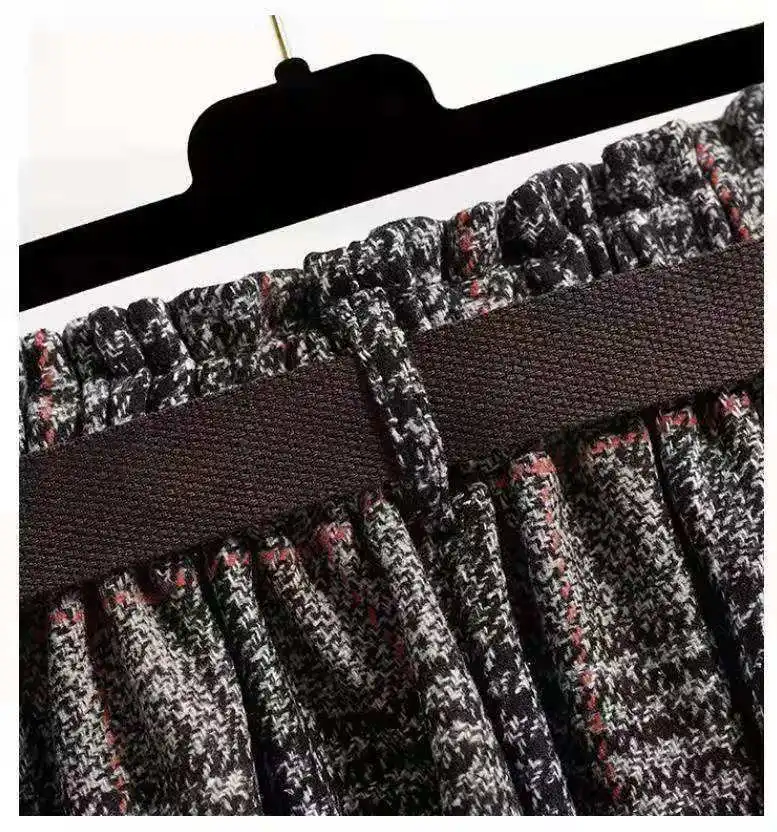 Women‘s Skirt Large Size Tweed Plaid Autumn Winter A-line Mid-length Irregular Pleated Vintage Clothes High Waist Umbrella Skirt