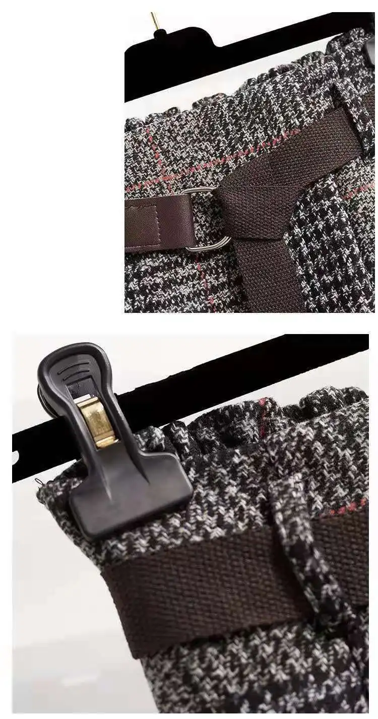 Women‘s Skirt Large Size Tweed Plaid Autumn Winter A-line Mid-length Irregular Pleated Vintage Clothes High Waist Umbrella Skirt