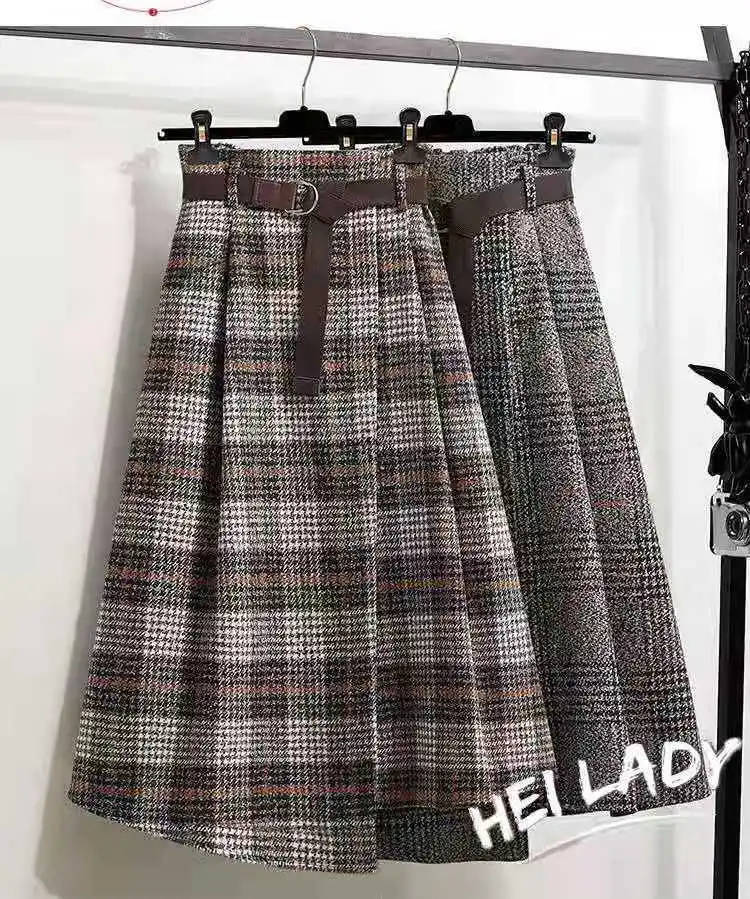 Women‘s Skirt Large Size Tweed Plaid Autumn Winter A-line Mid-length Irregular Pleated Vintage Clothes High Waist Umbrella Skirt
