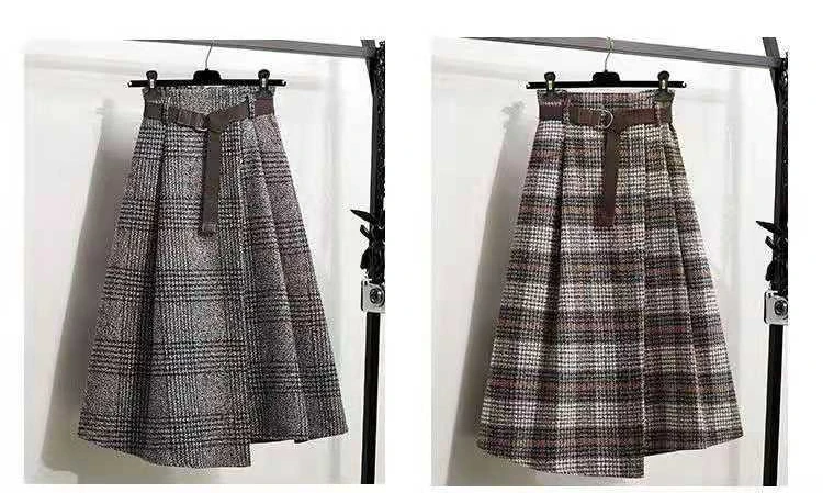 Women‘s Skirt Large Size Tweed Plaid Autumn Winter A-line Mid-length Irregular Pleated Vintage Clothes High Waist Umbrella Skirt