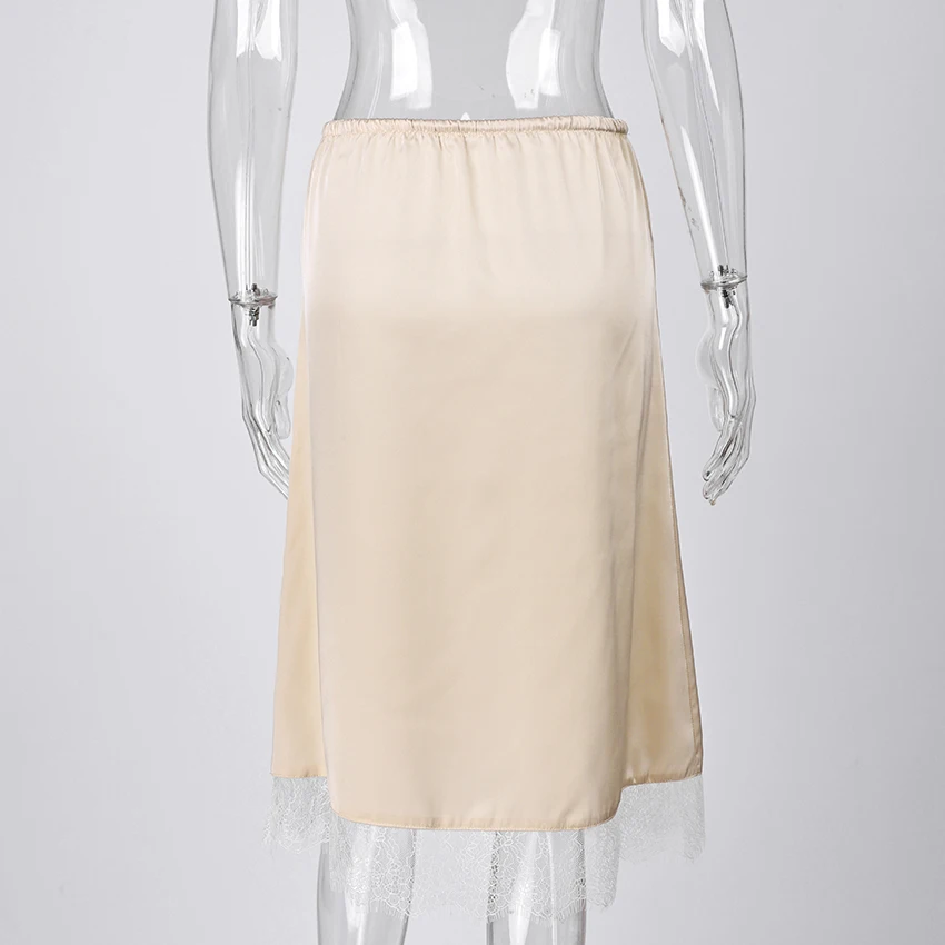 Linad Elegant Satin Lace Mid-Calf Skirts Woman Apricot Street Chic Straight Long Skirt Summer Casual Drawstring Skirts 2025 Fall