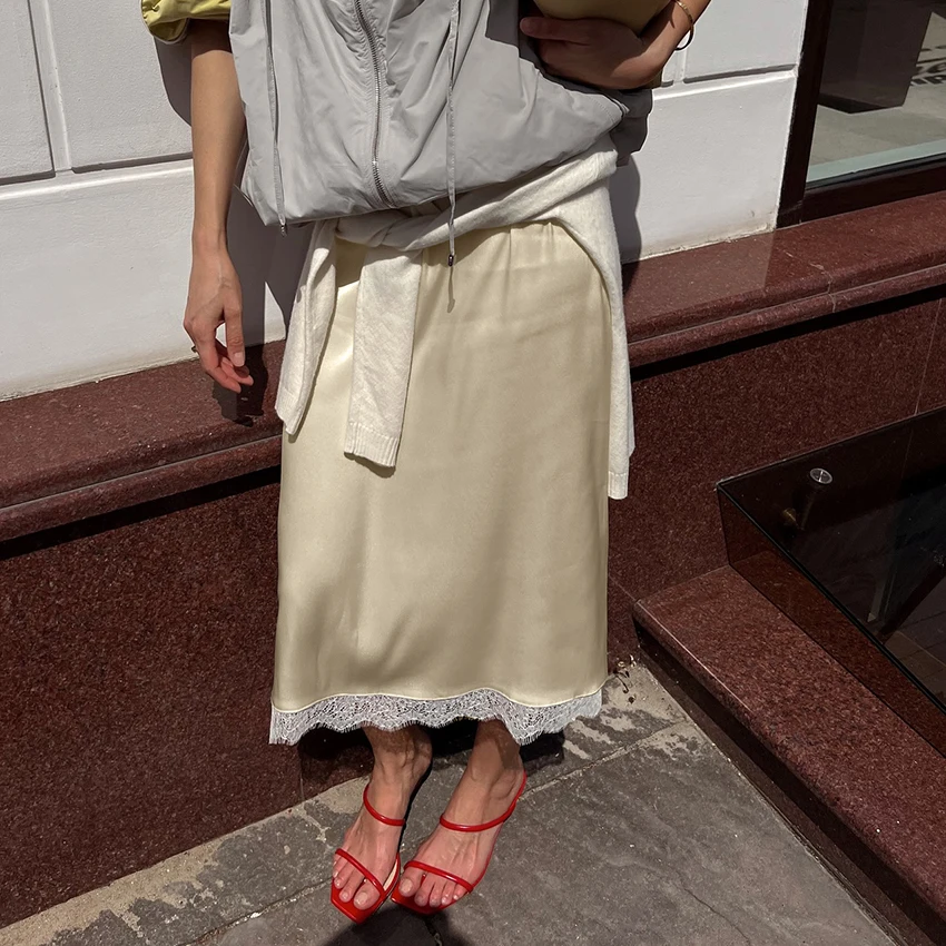 Linad Elegant Satin Lace Mid-Calf Skirts Woman Apricot Street Chic Straight Long Skirt Summer Casual Drawstring Skirts 2025 Fall