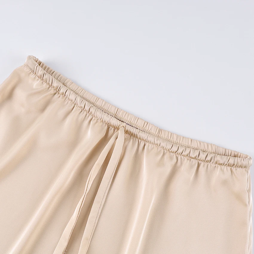 Linad Elegant Satin Lace Mid-Calf Skirts Woman Apricot Street Chic Straight Long Skirt Summer Casual Drawstring Skirts 2025 Fall
