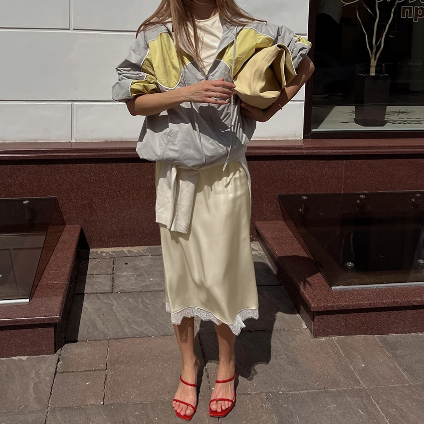 Linad Elegant Satin Lace Mid-Calf Skirts Woman Apricot Street Chic Straight Long Skirt Summer Casual Drawstring Skirts 2025 Fall