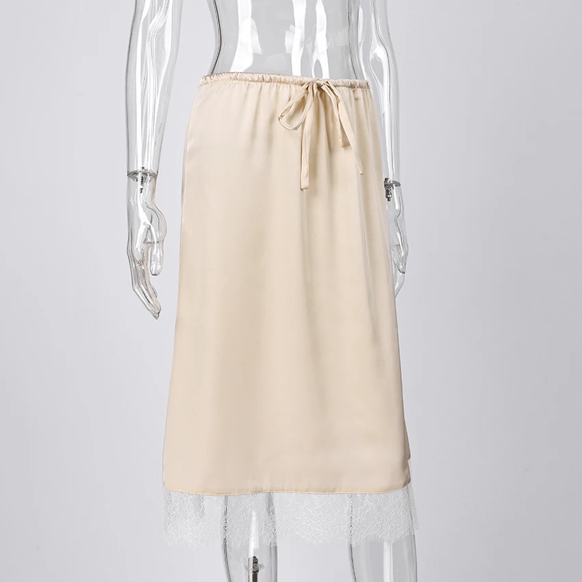 Linad Elegant Satin Lace Mid-Calf Skirts Woman Apricot Street Chic Straight Long Skirt Summer Casual Drawstring Skirts 2025 Fall