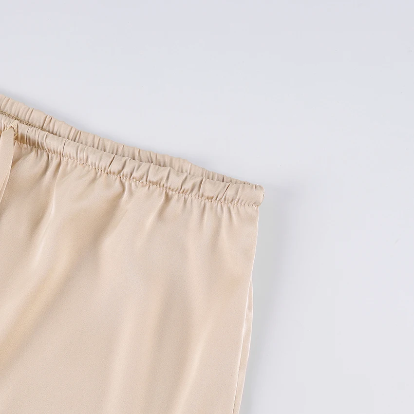 Linad Elegant Satin Lace Mid-Calf Skirts Woman Apricot Street Chic Straight Long Skirt Summer Casual Drawstring Skirts 2025 Fall