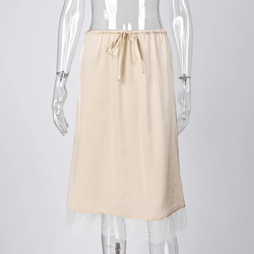 Linad Elegant Satin Lace Mid-Calf Skirts Woman Apricot Street Chic Straight Long Skirt Summer Casual Drawstring Skirts 2025 Fall
