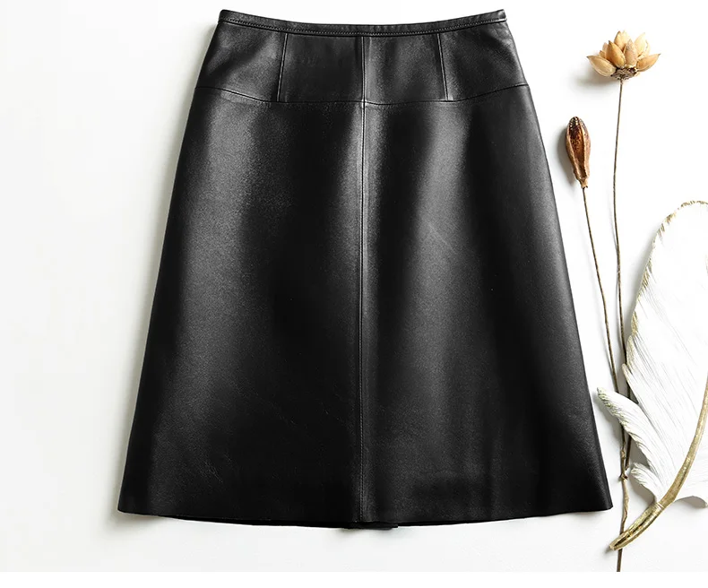 Stylish Women Genuine Leather Skirt Female Slit Pockets Sewing High Waist Jupe Mujer A-line Mid-Length Wine Red/Blue Chic Faldas
