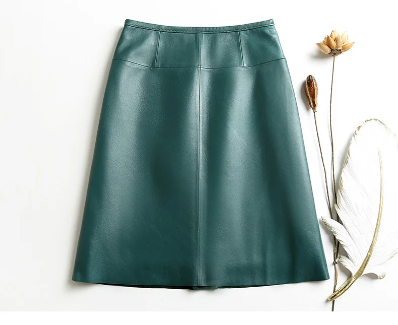 Stylish Women Genuine Leather Skirt Female Slit Pockets Sewing High Waist Jupe Mujer A-line Mid-Length Wine Red/Blue Chic Faldas