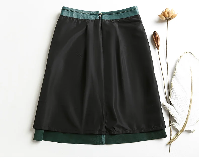 Stylish Women Genuine Leather Skirt Female Slit Pockets Sewing High Waist Jupe Mujer A-line Mid-Length Wine Red/Blue Chic Faldas