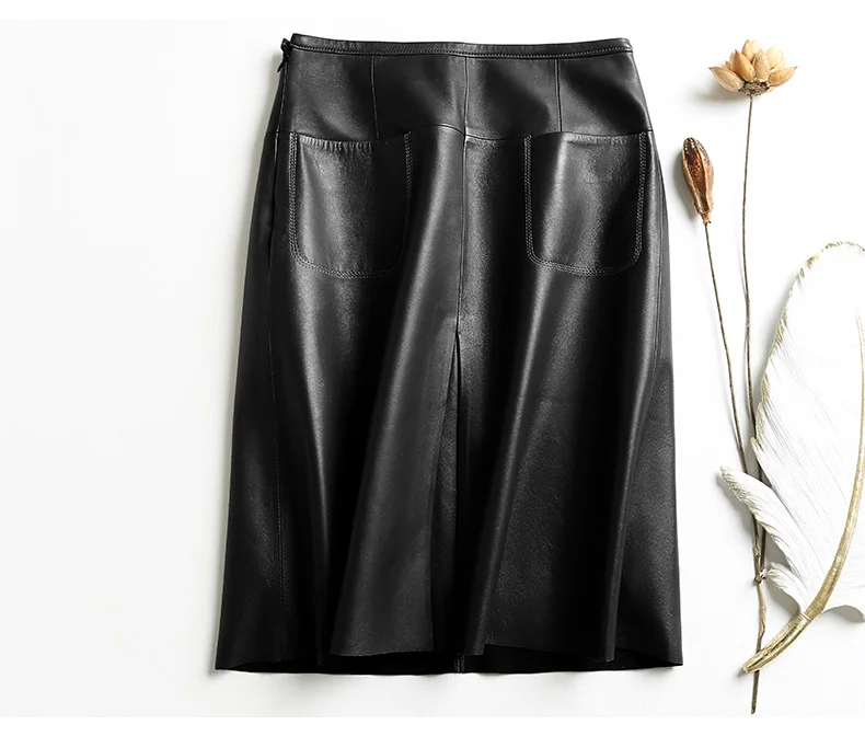 Stylish Women Genuine Leather Skirt Female Slit Pockets Sewing High Waist Jupe Mujer A-line Mid-Length Wine Red/Blue Chic Faldas