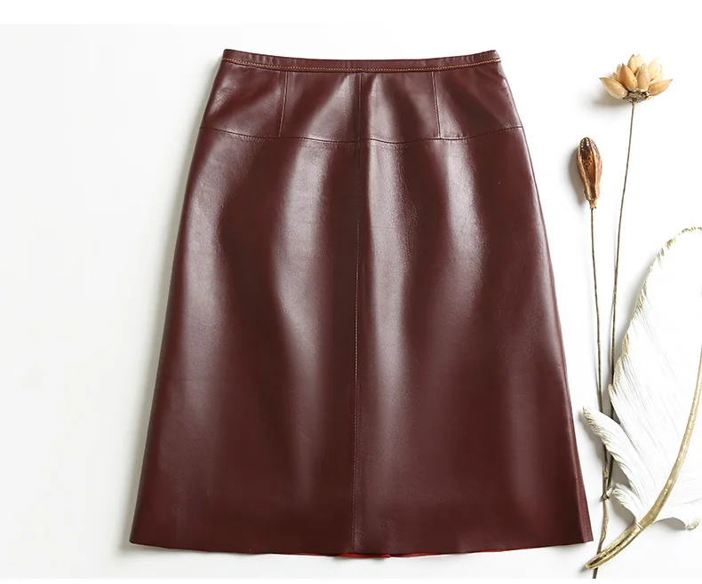 Stylish Women Genuine Leather Skirt Female Slit Pockets Sewing High Waist Jupe Mujer A-line Mid-Length Wine Red/Blue Chic Faldas