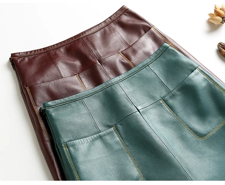 Stylish Women Genuine Leather Skirt Female Slit Pockets Sewing High Waist Jupe Mujer A-line Mid-Length Wine Red/Blue Chic Faldas
