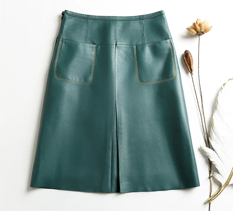 Stylish Women Genuine Leather Skirt Female Slit Pockets Sewing High Waist Jupe Mujer A-line Mid-Length Wine Red/Blue Chic Faldas