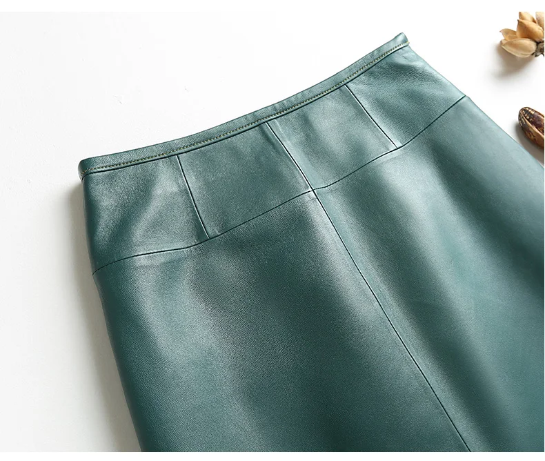 Stylish Women Genuine Leather Skirt Female Slit Pockets Sewing High Waist Jupe Mujer A-line Mid-Length Wine Red/Blue Chic Faldas
