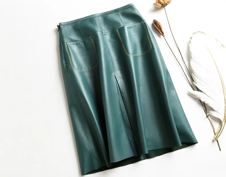 Stylish Women Genuine Leather Skirt Female Slit Pockets Sewing High Waist Jupe Mujer A-line Mid-Length Wine Red/Blue Chic Faldas