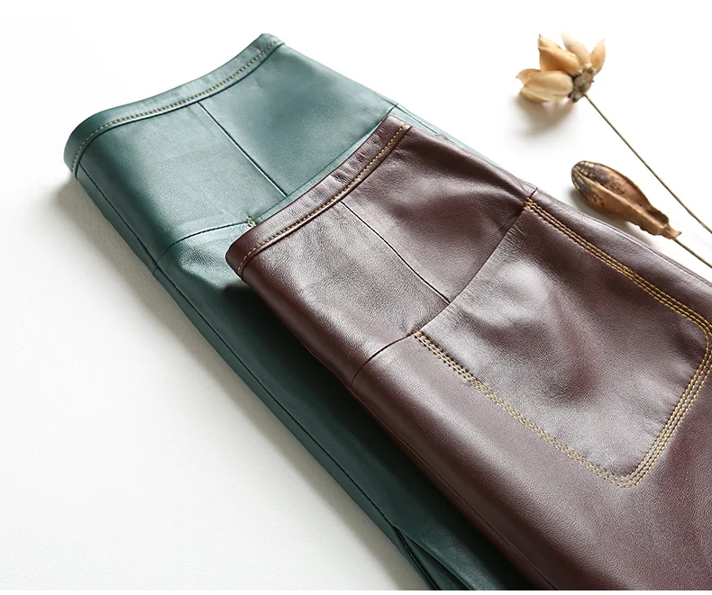 Stylish Women Genuine Leather Skirt Female Slit Pockets Sewing High Waist Jupe Mujer A-line Mid-Length Wine Red/Blue Chic Faldas