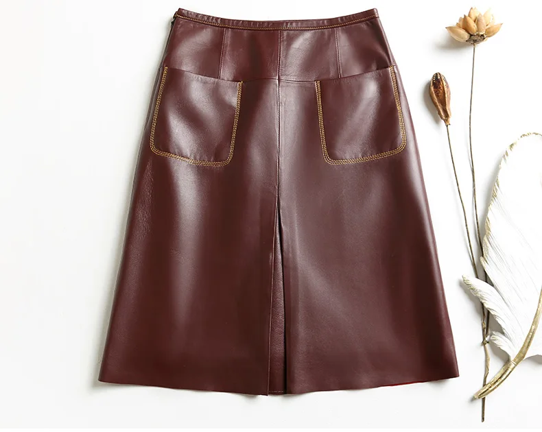 Stylish Women Genuine Leather Skirt Female Slit Pockets Sewing High Waist Jupe Mujer A-line Mid-Length Wine Red/Blue Chic Faldas