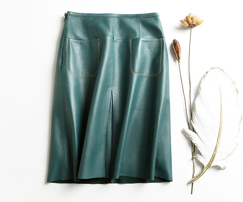 Stylish Women Genuine Leather Skirt Female Slit Pockets Sewing High Waist Jupe Mujer A-line Mid-Length Wine Red/Blue Chic Faldas
