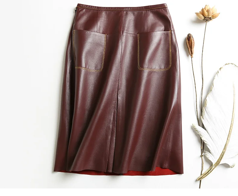 Stylish Women Genuine Leather Skirt Female Slit Pockets Sewing High Waist Jupe Mujer A-line Mid-Length Wine Red/Blue Chic Faldas