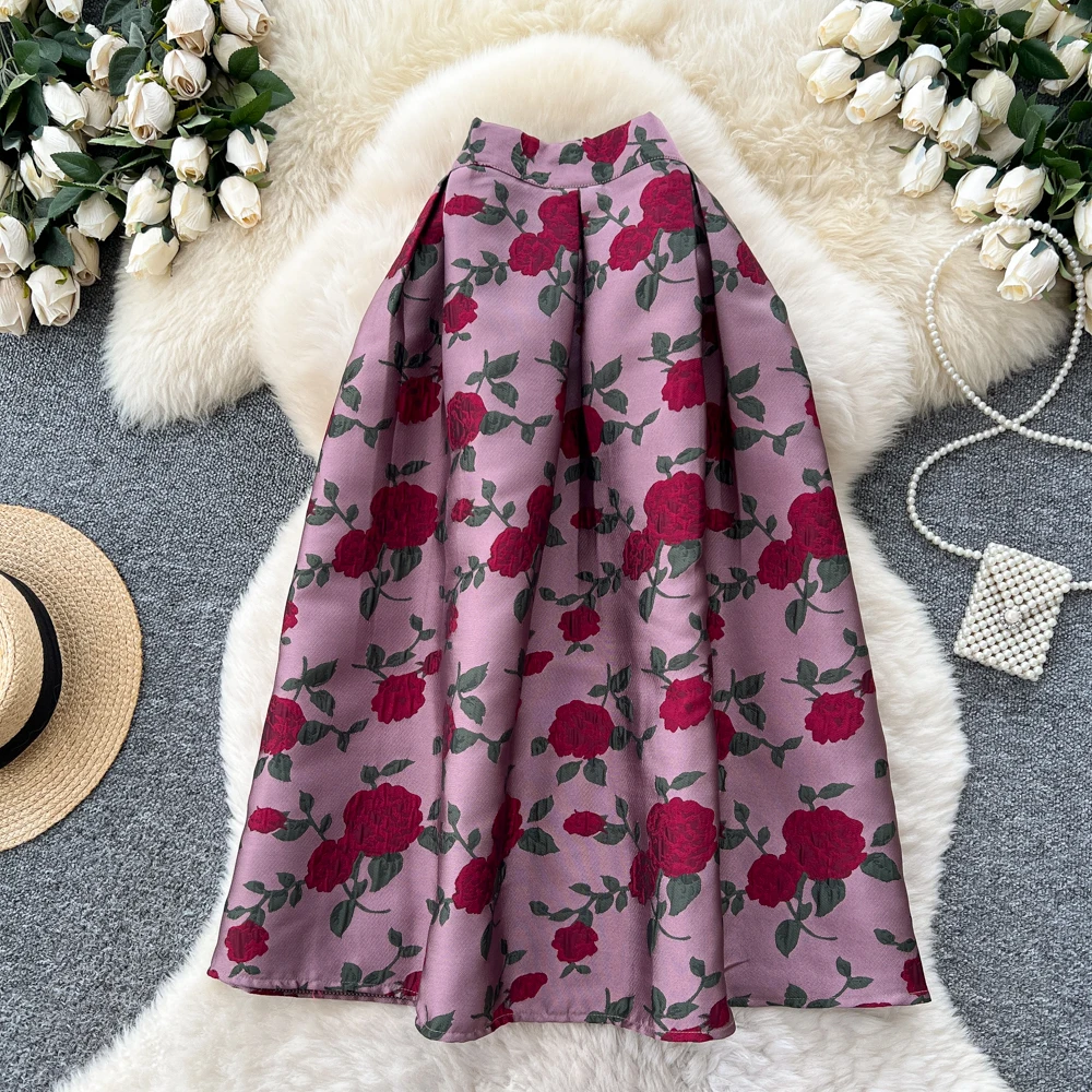 SINGREINY Fashion Jacquard Vintage Skirts Autumn 2025 Zipper Design Puffy Women American Retro Floral Print A Line Skirts