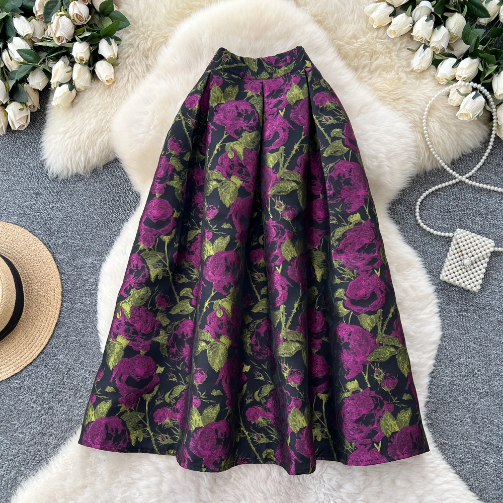 SINGREINY Fashion Jacquard Vintage Skirts Autumn 2025 Zipper Design Puffy Women American Retro Floral Print A Line Skirts