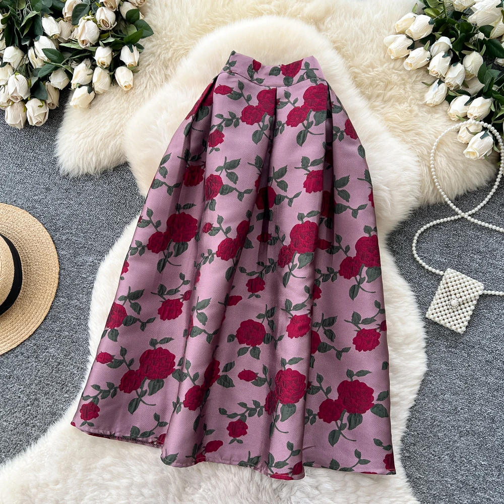 SINGREINY Fashion Jacquard Vintage Skirts Autumn 2025 Zipper Design Puffy Women American Retro Floral Print A Line Skirts