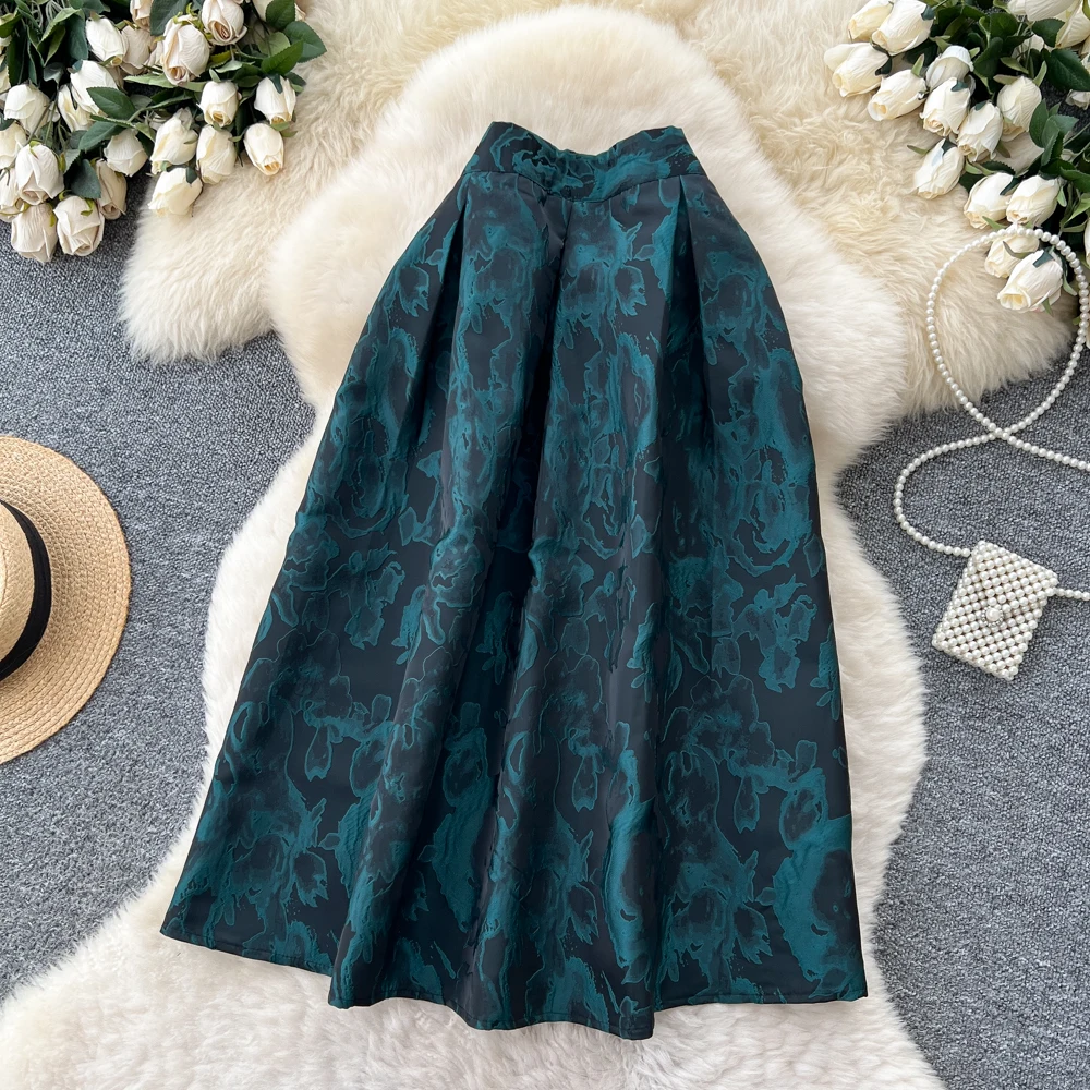 SINGREINY Fashion Jacquard Vintage Skirts Autumn 2025 Zipper Design Puffy Women American Retro Floral Print A Line Skirts