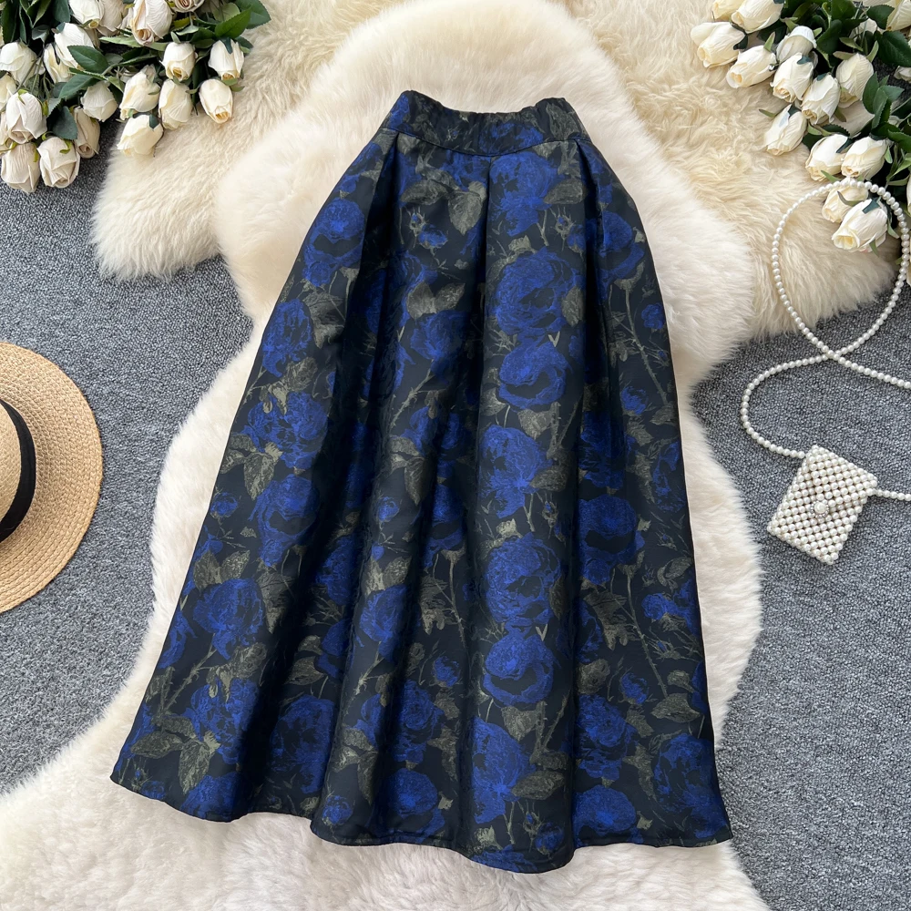SINGREINY Fashion Jacquard Vintage Skirts Autumn 2025 Zipper Design Puffy Women American Retro Floral Print A Line Skirts