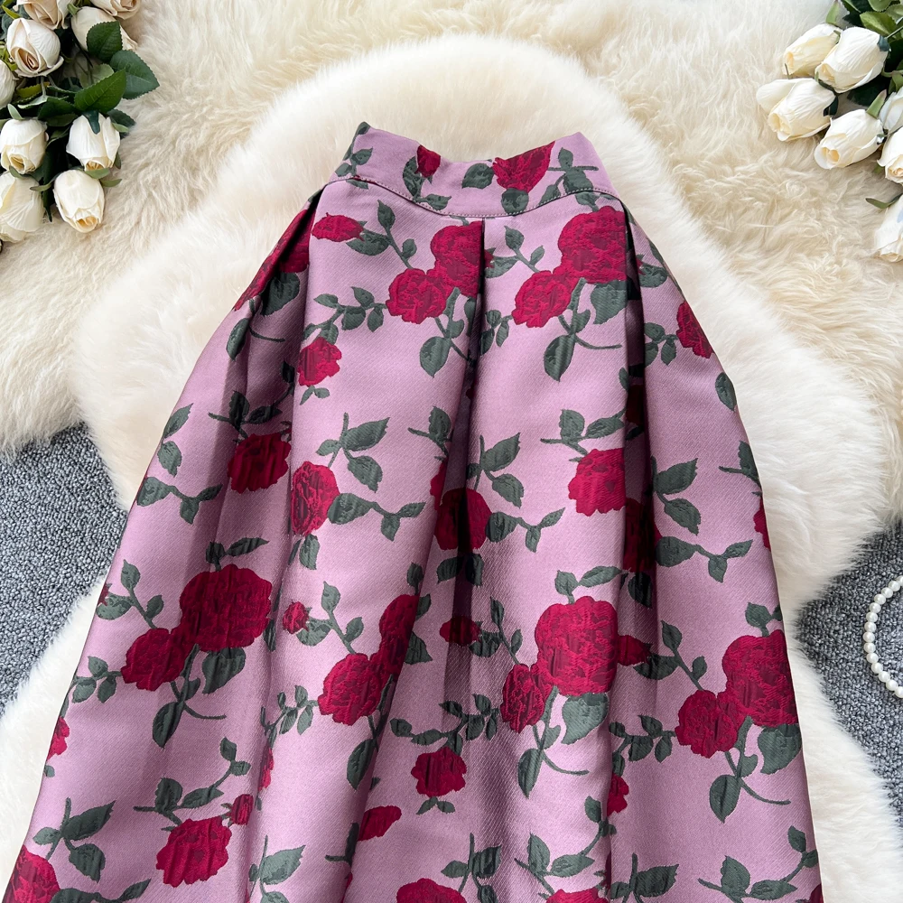 SINGREINY Fashion Jacquard Vintage Skirts Autumn 2025 Zipper Design Puffy Women American Retro Floral Print A Line Skirts