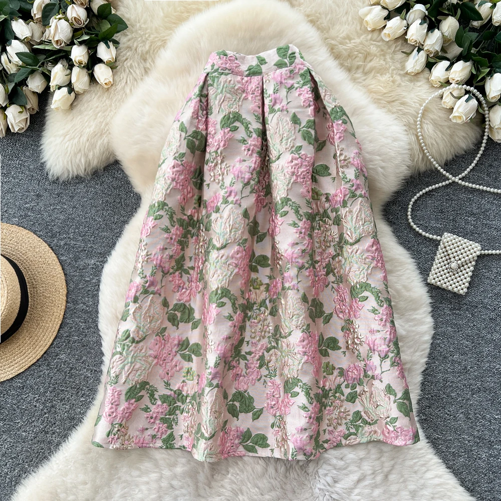 SINGREINY Fashion Jacquard Vintage Skirts Autumn 2025 Zipper Design Puffy Women American Retro Floral Print A Line Skirts