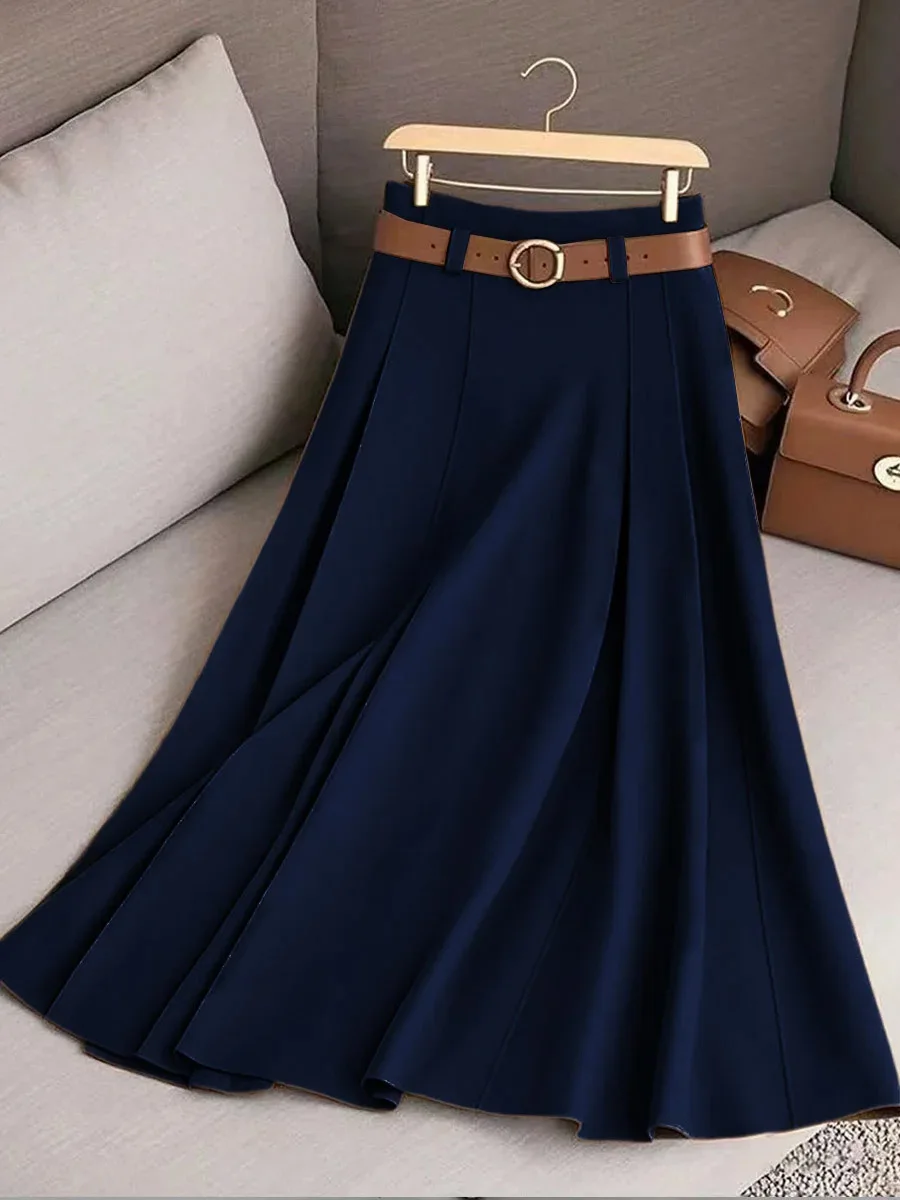 New Elegant Fashion Skirts For Women 2026 Spring Autumn Patchwork Pleated A-Line Mid-length Skirts Commuting Office Lady Skirt