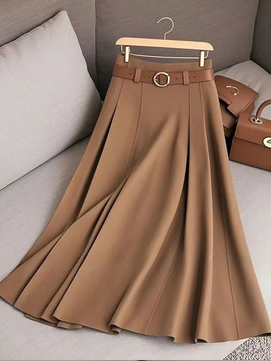 New Elegant Fashion Skirts For Women 2026 Spring Autumn Patchwork Pleated A-Line Mid-length Skirts Commuting Office Lady Skirt