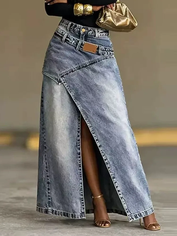 SHENGPALAE Women Baggy Denim Skirt High Waist Irregular Slit A Line Maxi Casual Fashion Personality Summer 2026 New 05E03085