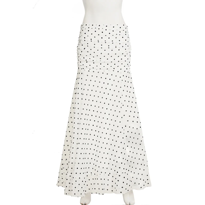 hirigin Polka Dot Floor-length Chiffon Skirt French Style Ruffled Mesh A-line Skirts Elegant Maxi Bottoms High Waist Streetwear