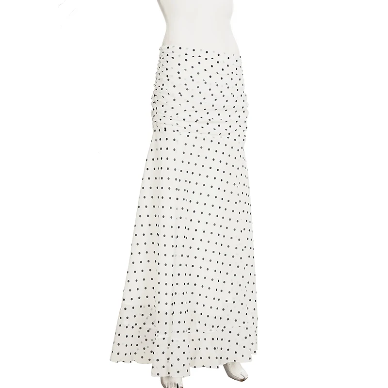 hirigin Polka Dot Floor-length Chiffon Skirt French Style Ruffled Mesh A-line Skirts Elegant Maxi Bottoms High Waist Streetwear