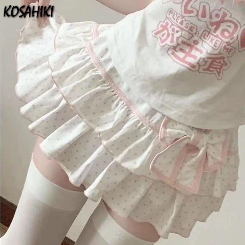 Summer Wave Point Printing Kawaii Mini Skirts Womens Cake Jupe High Waist Bow Skirt Y2k Aesthetic Sweet Ruffled Gothic Faldas