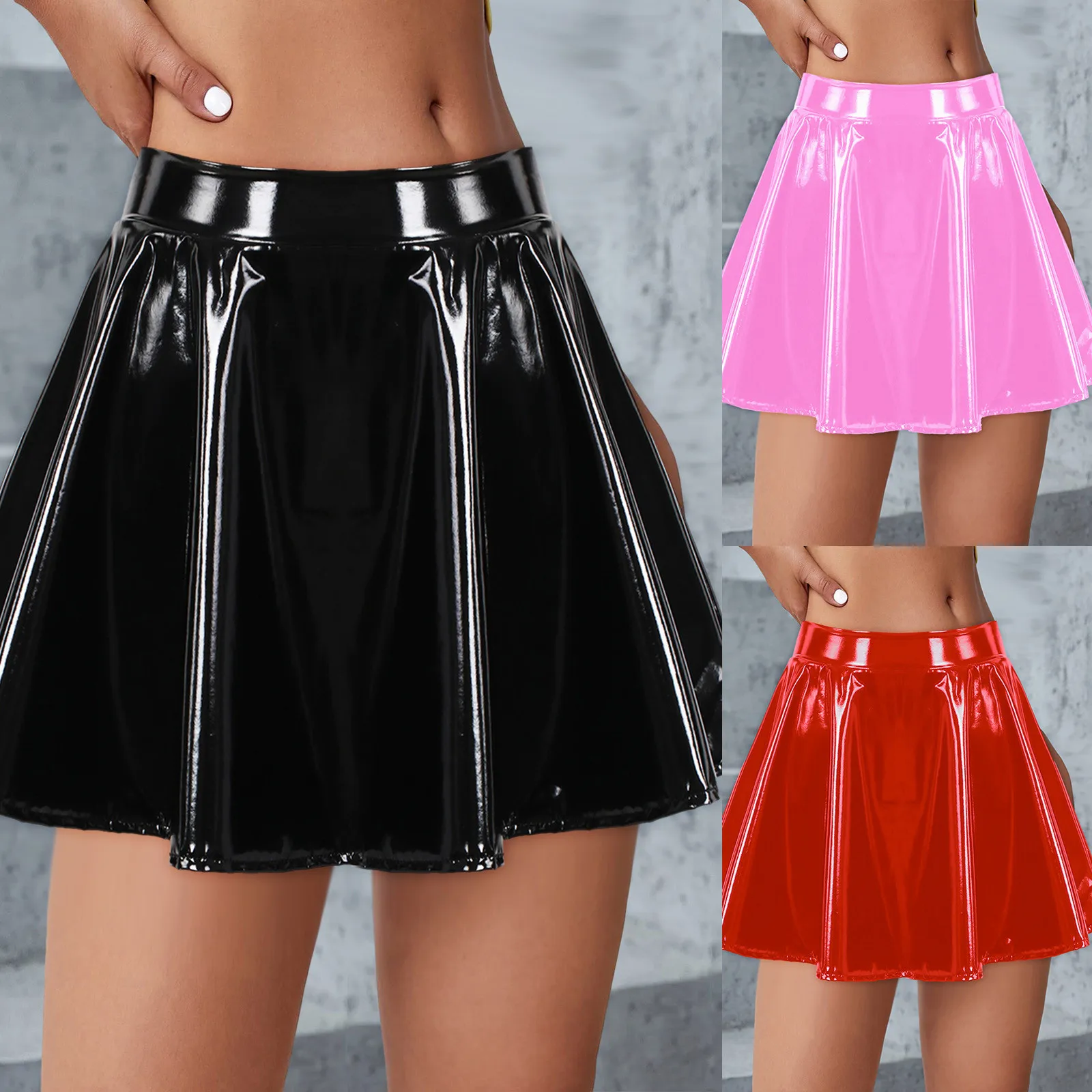Glossy Latex Leather Skirt For Women Plus Size High Waist Solid Color Pleated Skirt For Nightclub Pole Dancing Sexy Mini Skirt