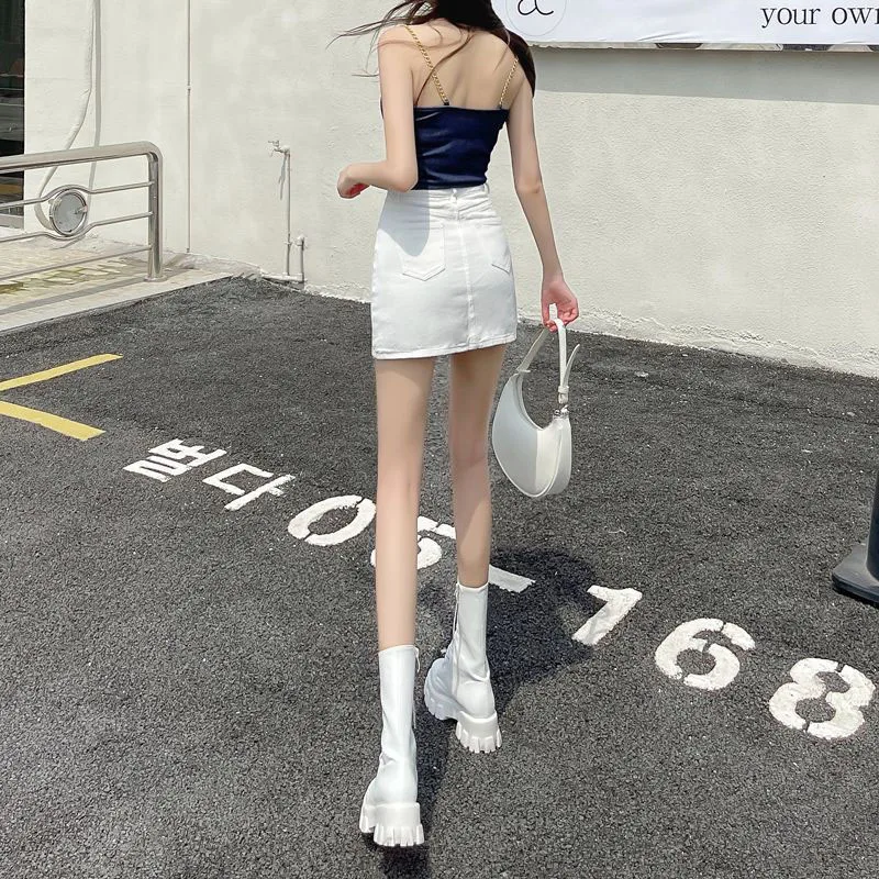 Xpqbb White Denim Skirts Women Spring Summer Korean High Waist Package Hip Skirt Woman Casual Simple Wild Jean Mini Skirts