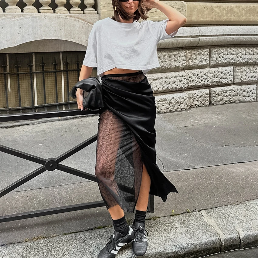 Linad Sexy Black Patchwork See Through Long Skirts Lady Street Chic High Waist Straight Skirts Summer Elegant Satin Split Skirt