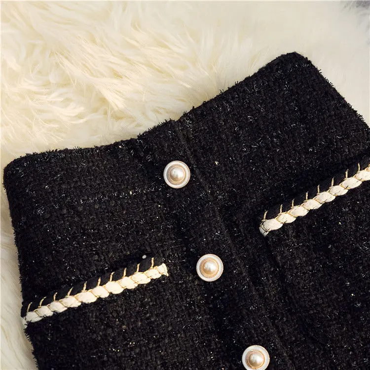 Black White Tweed Long Skirts Women Autumn Winter New Bright Silk Skirt Female Vintage High Waist A-line Wrap Skirt Office Lady