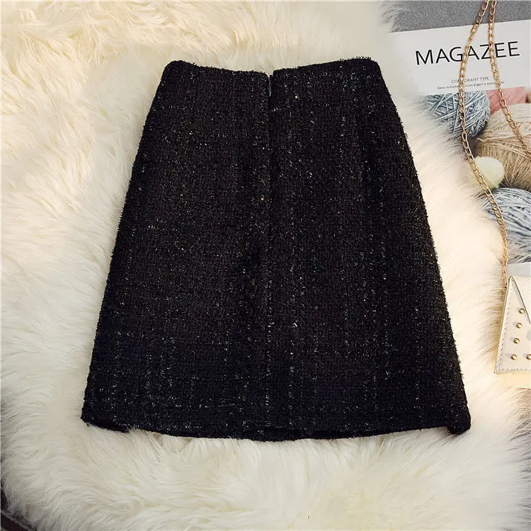 Black White Tweed Long Skirts Women Autumn Winter New Bright Silk Skirt Female Vintage High Waist A-line Wrap Skirt Office Lady