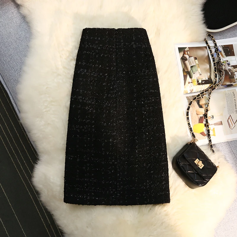 Black White Tweed Long Skirts Women Autumn Winter New Bright Silk Skirt Female Vintage High Waist A-line Wrap Skirt Office Lady