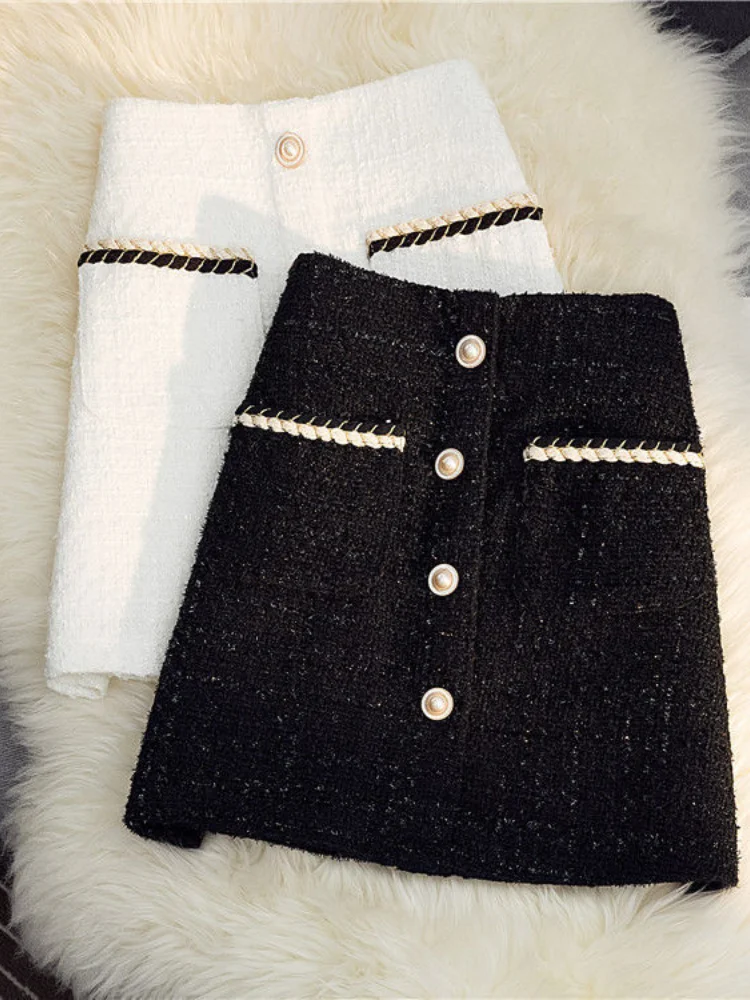 Black White Tweed Long Skirts Women Autumn Winter New Bright Silk Skirt Female Vintage High Waist A-line Wrap Skirt Office Lady