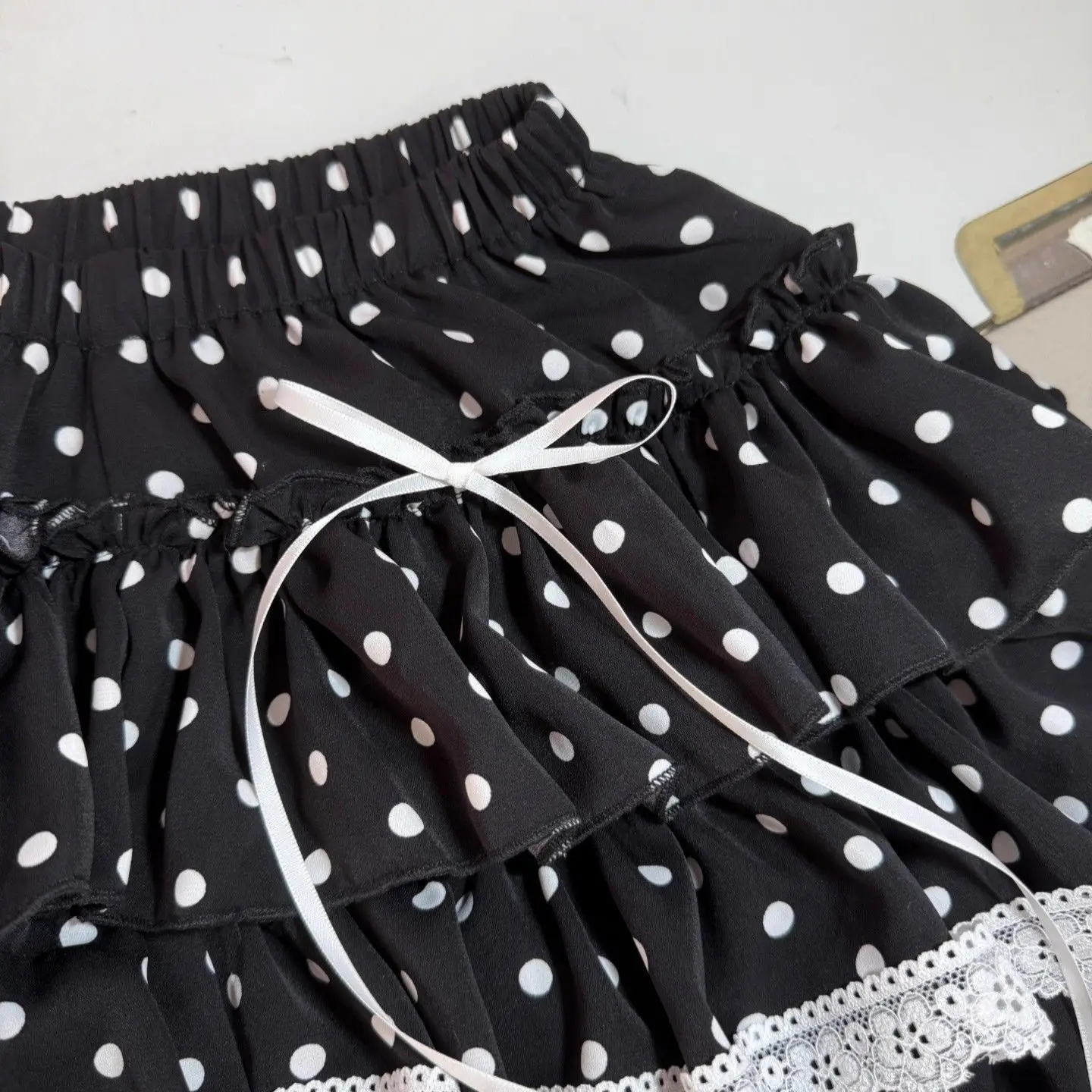 Y2K Sweet Lolita Polka Dot Mini Skirt Japanese Tiered Ruffle Lace Trim White Bow Black White Harajuku Subculture Party Outfit