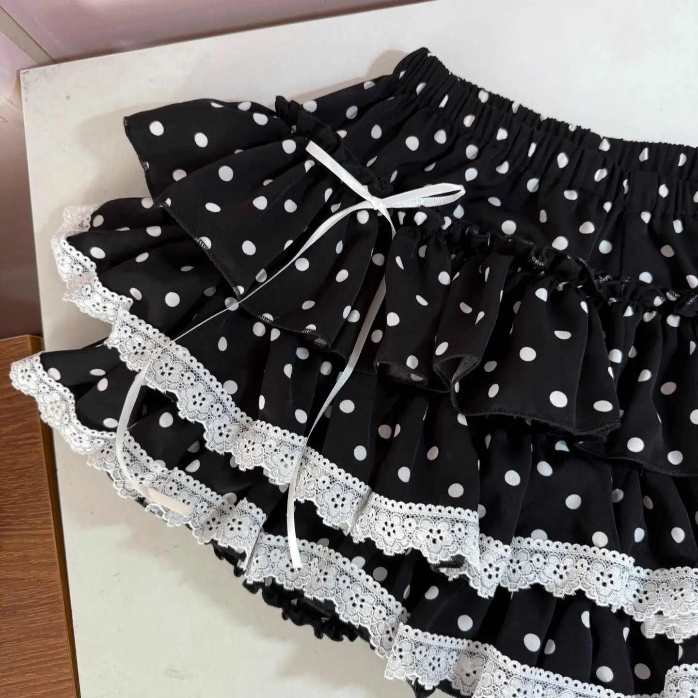 Y2K Sweet Lolita Polka Dot Mini Skirt Japanese Tiered Ruffle Lace Trim White Bow Black White Harajuku Subculture Party Outfit