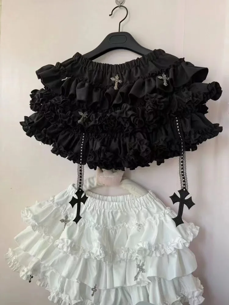Y2k Gothic Elastic Waist Cross Short Skirt Women Sweet Hot Girl Chic High Waist Ruffle Skirts Female Design Retro Cake Skirt New