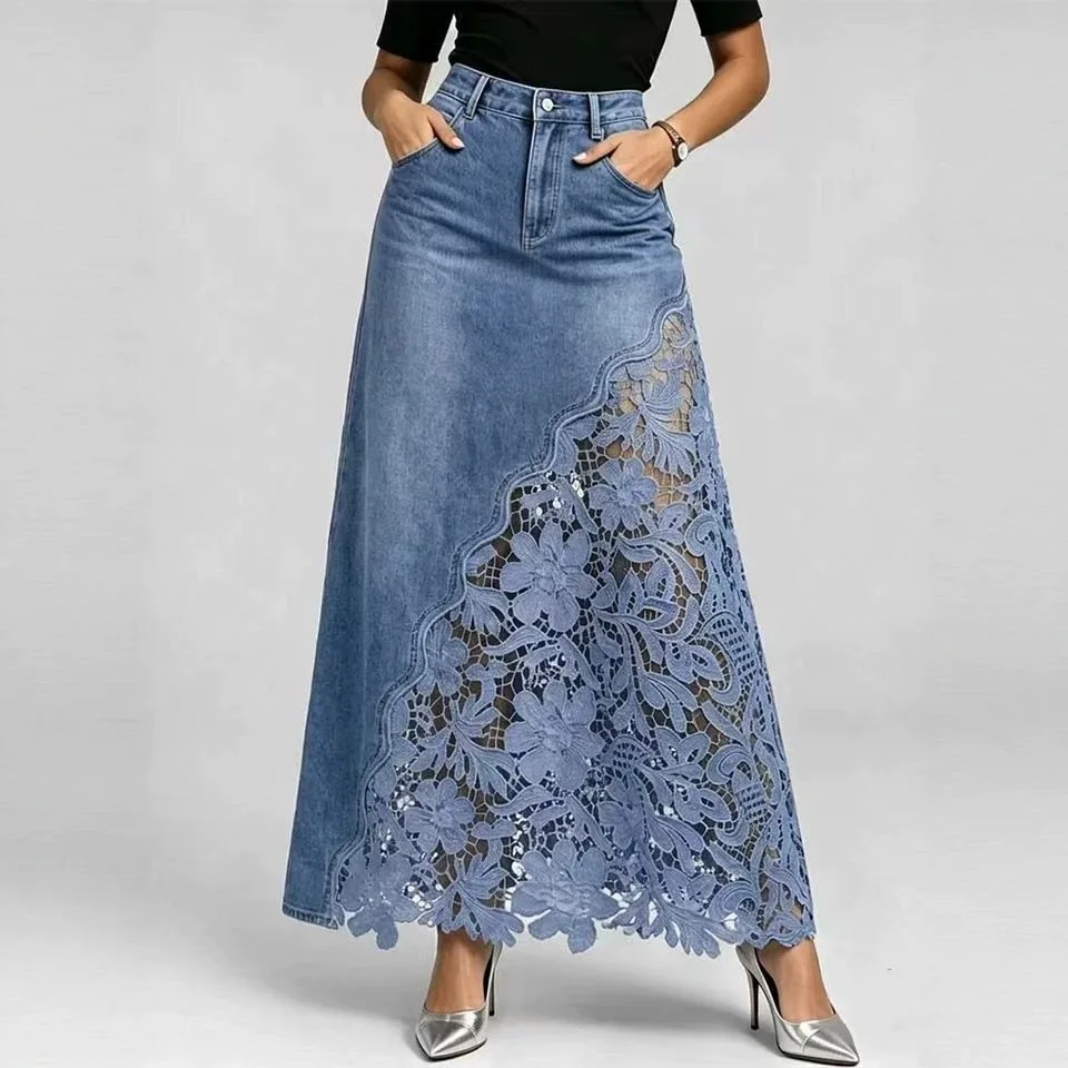 Women Denim Maxi Skirts High Waist Lace Stitching Jean Long Skirt Ladies Summer Spring Autumn Fashions