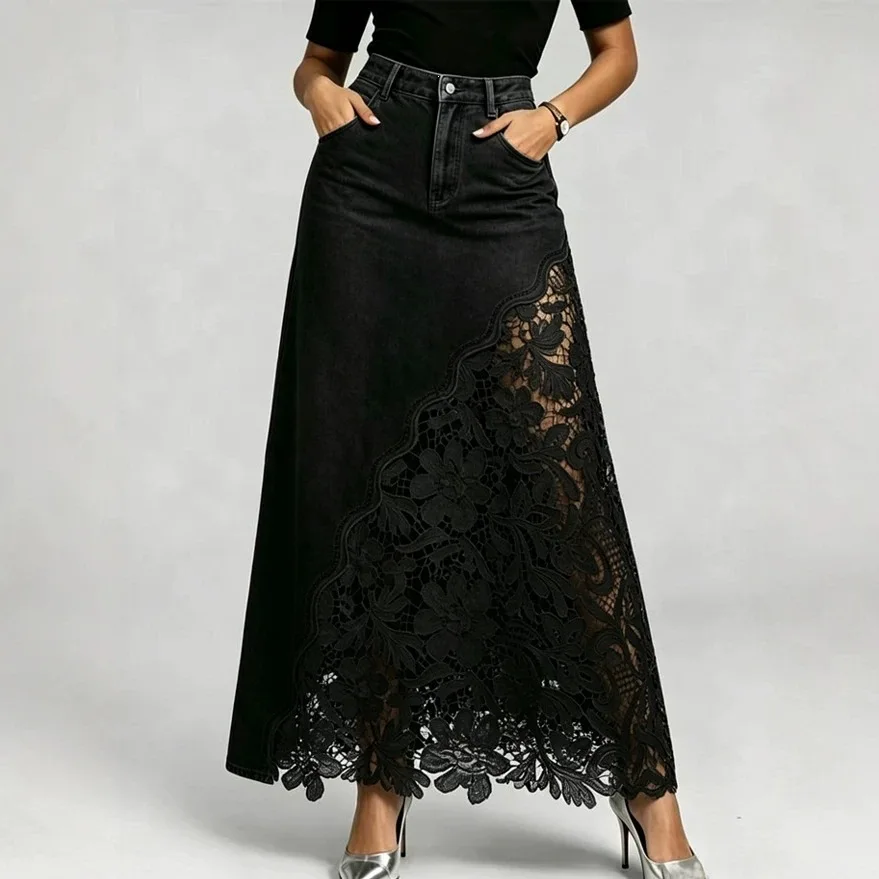 Women Denim Maxi Skirts High Waist Lace Stitching Jean Long Skirt Ladies Summer Spring Autumn Fashions