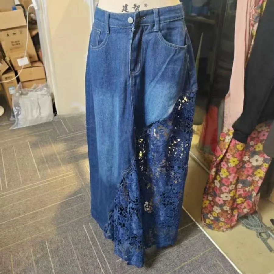 Women Denim Maxi Skirts High Waist Lace Stitching Jean Long Skirt Ladies Summer Spring Autumn Fashions